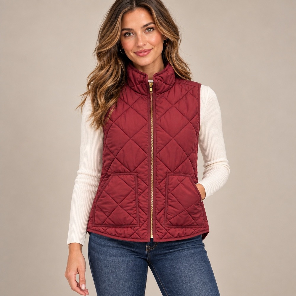 J.Crew Quilted Vest Womens Medium Burgundy Excellent Excursion Zip Up K4209